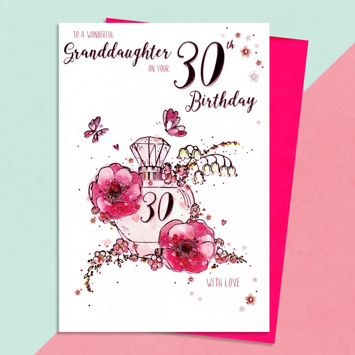 Granddaughter Age 30 Birthday Card Alongside Its Magenta Envelope
