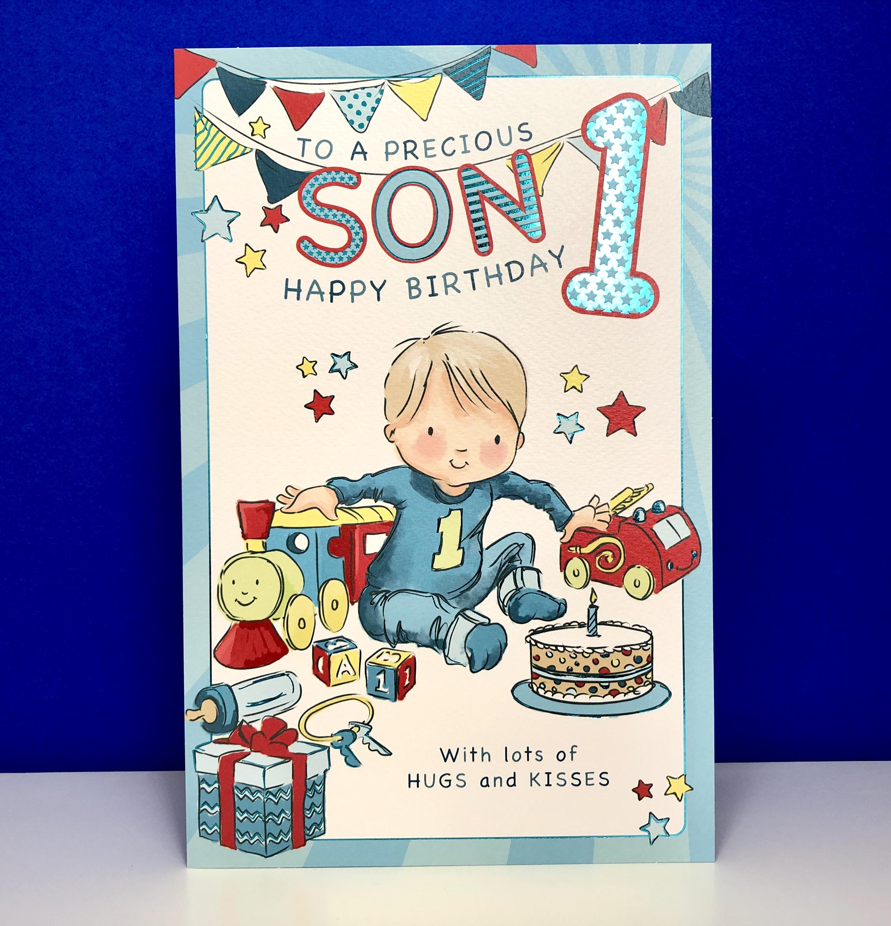 Son Age 1 Birthday Card Displayed On A Wooden Shelf