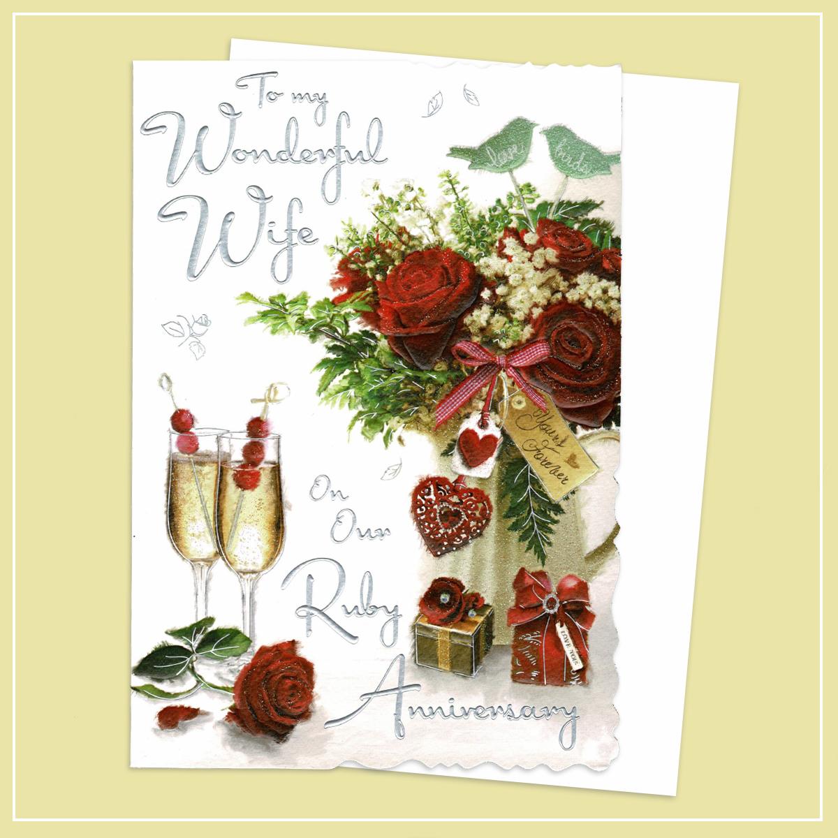 Wife Ruby Anniversary Card Alongside Its White Envelope