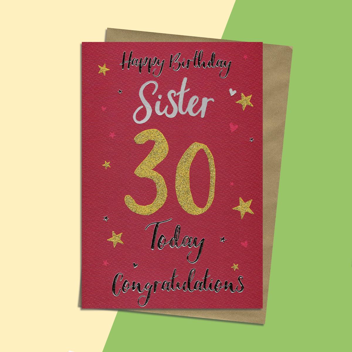 Sister Age 30 Birthday Card Alongside Its Gold Envelope