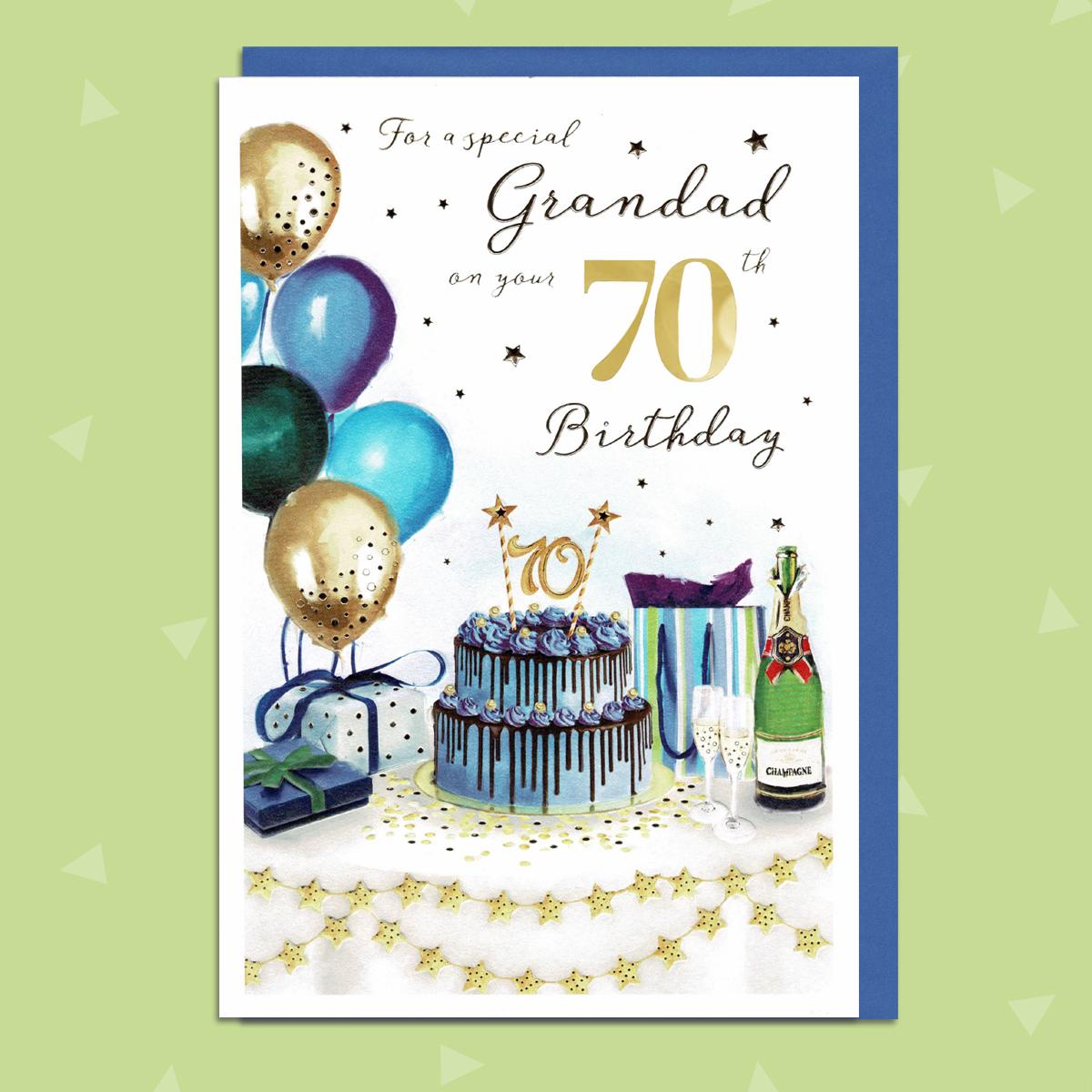 Grandad Age 70 Birthday Card Featuring A Birthday Table Full Of Cake, Balloons And Booze