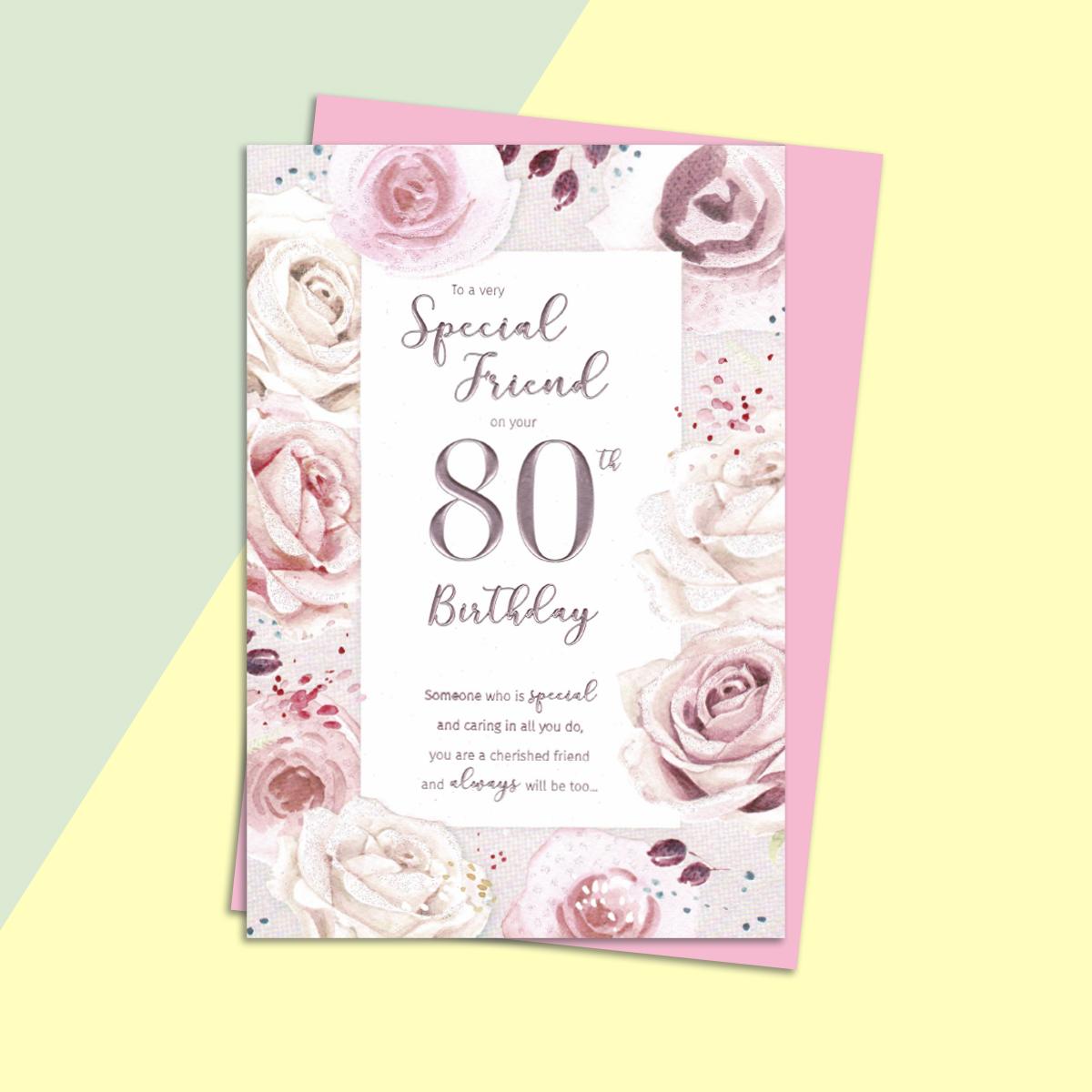 Friend Age 80 Birthday Card Alongside Its Light Pink Envelope