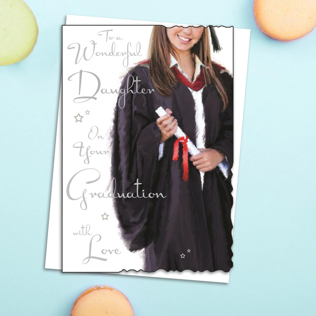 Daughter Graduation Gown & Scroll Greeting Card Alongside Its White Envelope