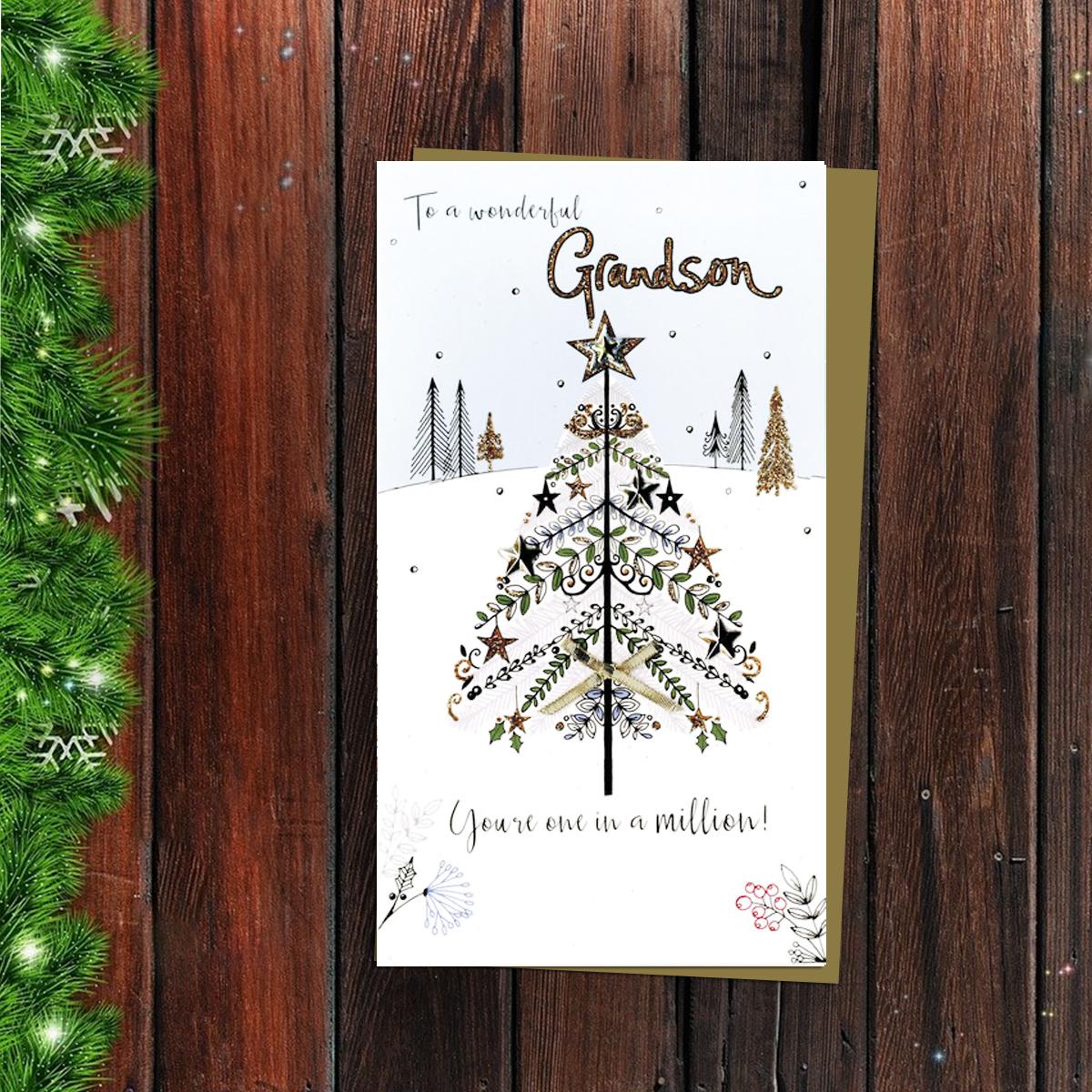 Grandson Christmas Card Alongside Its Gold Envelope