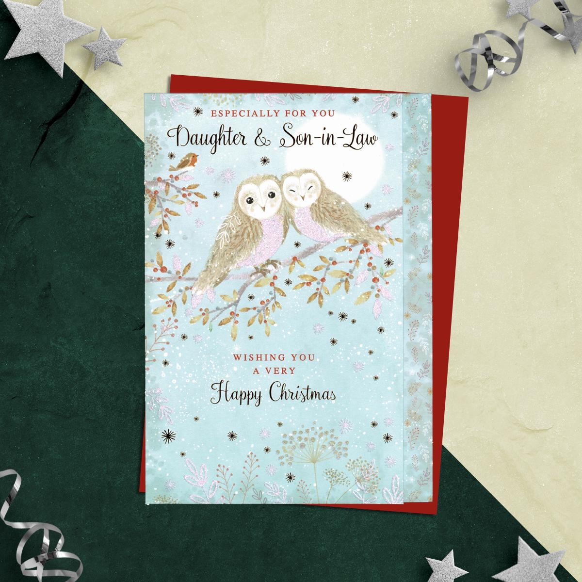 Especially For You Daughter And Son In Law Wishing You A Very Happy Christmas Featuring Two Owls On A Branch. Finished With Gold Foiling, Sparkle, Red Lettering And Red Envelope