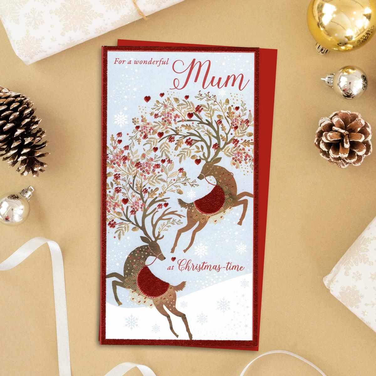 For A Wonderful Mum At Christmas Time Showing Two Beautiful Ornate Reindeers With Decorated Antlers. Finished With Red Glitter And Red Envelope