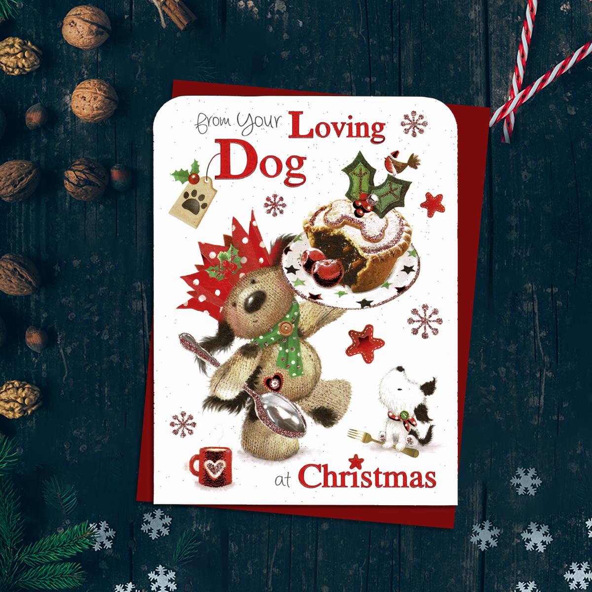 From Your Loving Dog At Christmas Featuring A Cute Dog With Huge Mince Pie! Finished With Red Foiled Lettering, Red Glitter Detail And Red Envelope
