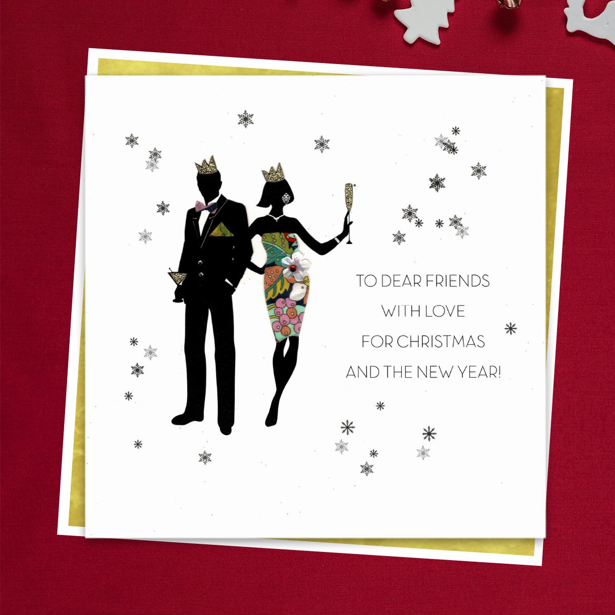 To Dear friends With Love For Christmas And The New Year. This Handcrafted and Embellished Large Card Features A Silhouette Of A Couple All Dressed Up With Gold Party Hats And Champagne In Hand! Finished With Gold Sparkle And Jewel Embellishment. Complete With Envelope With Gold Border.