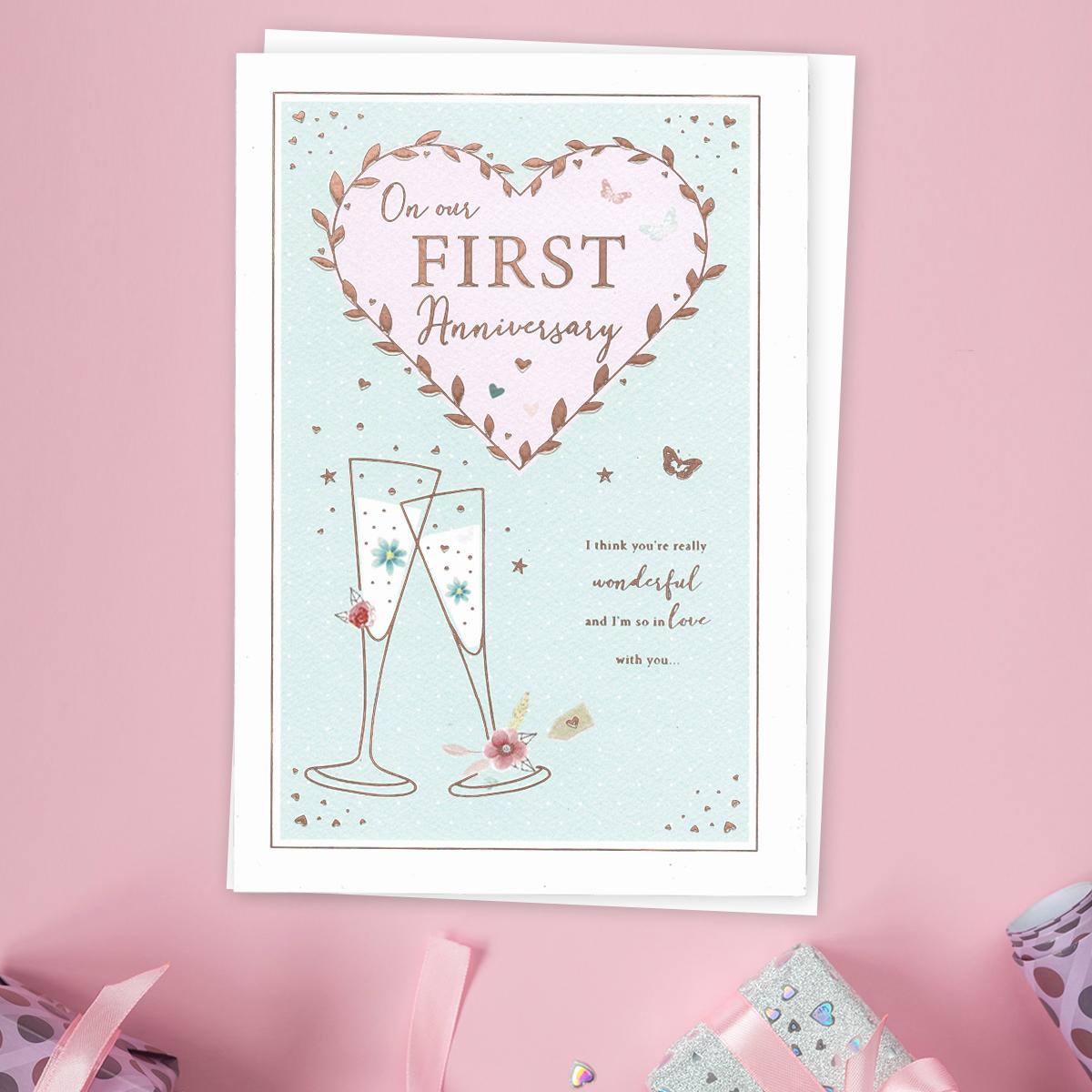 1st Anniversary Card Featuring A Rose Gold Love Heart