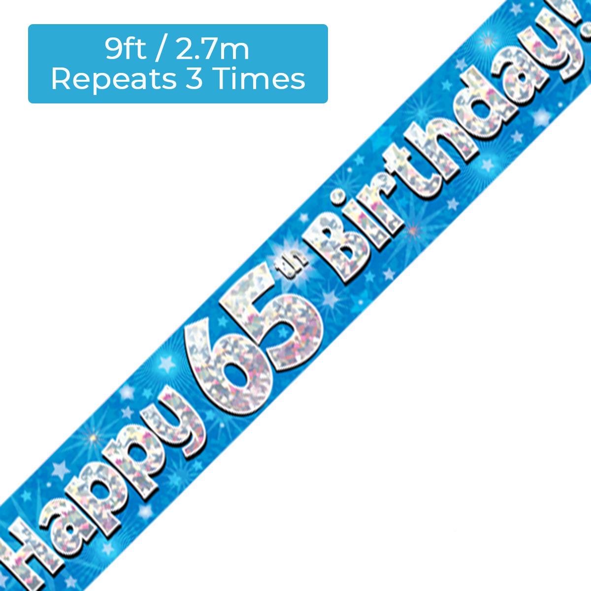 Age 65 Blue And Silver Holographic Birthday Banner Displayed