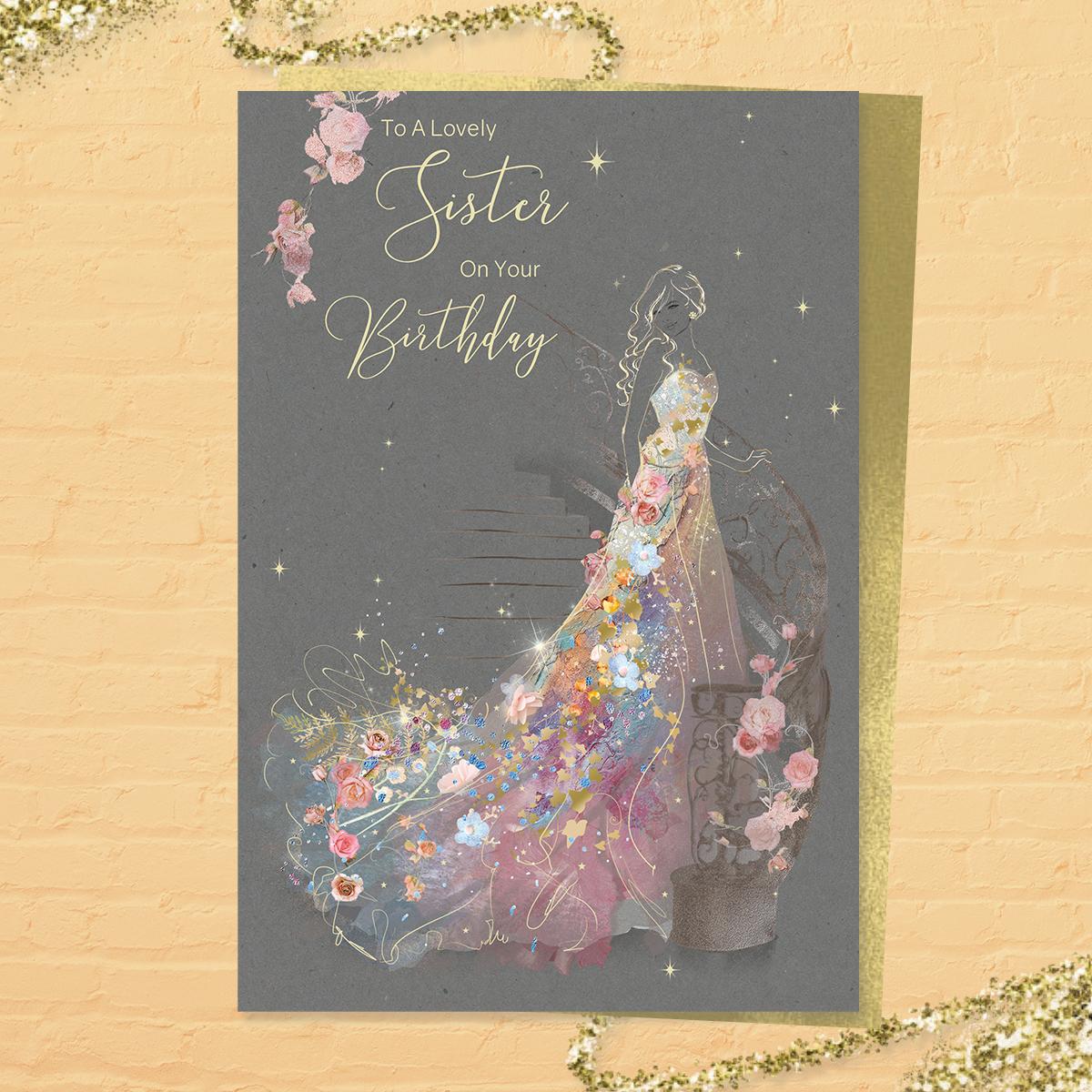 Lovely Sister Birthday Card Alongside Its Gold Coloured Envelope