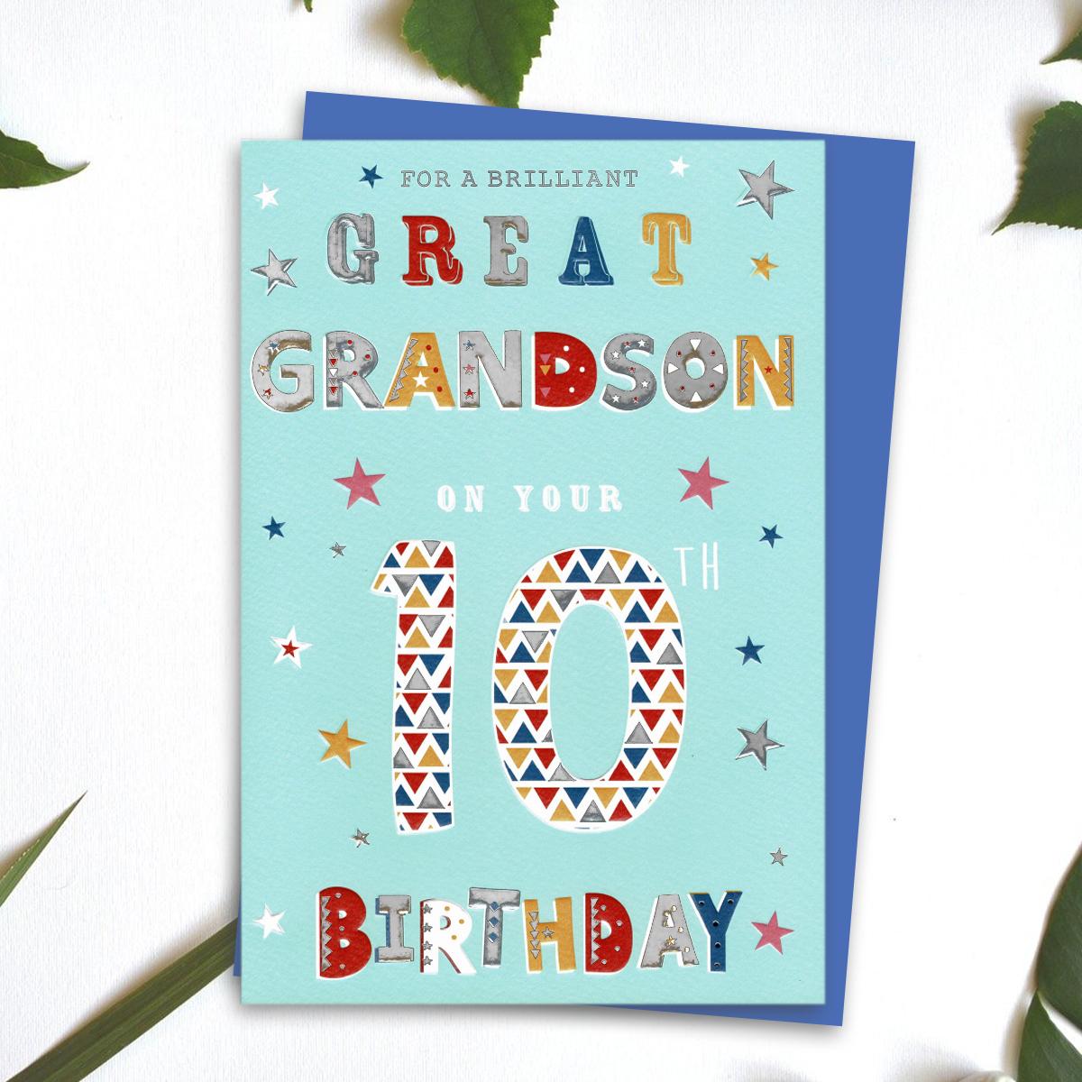Great Grandson Age 10 Birthday Card Alongside Its Blue Envelope