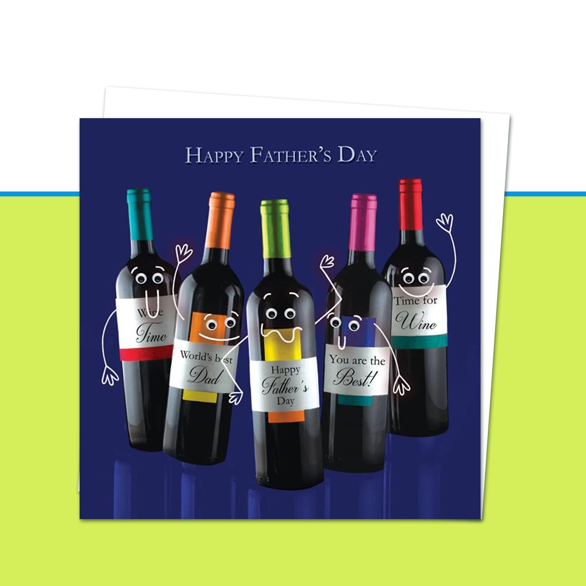 Happy Father's Day Card Front Image Googlie Eye Wine Bottles