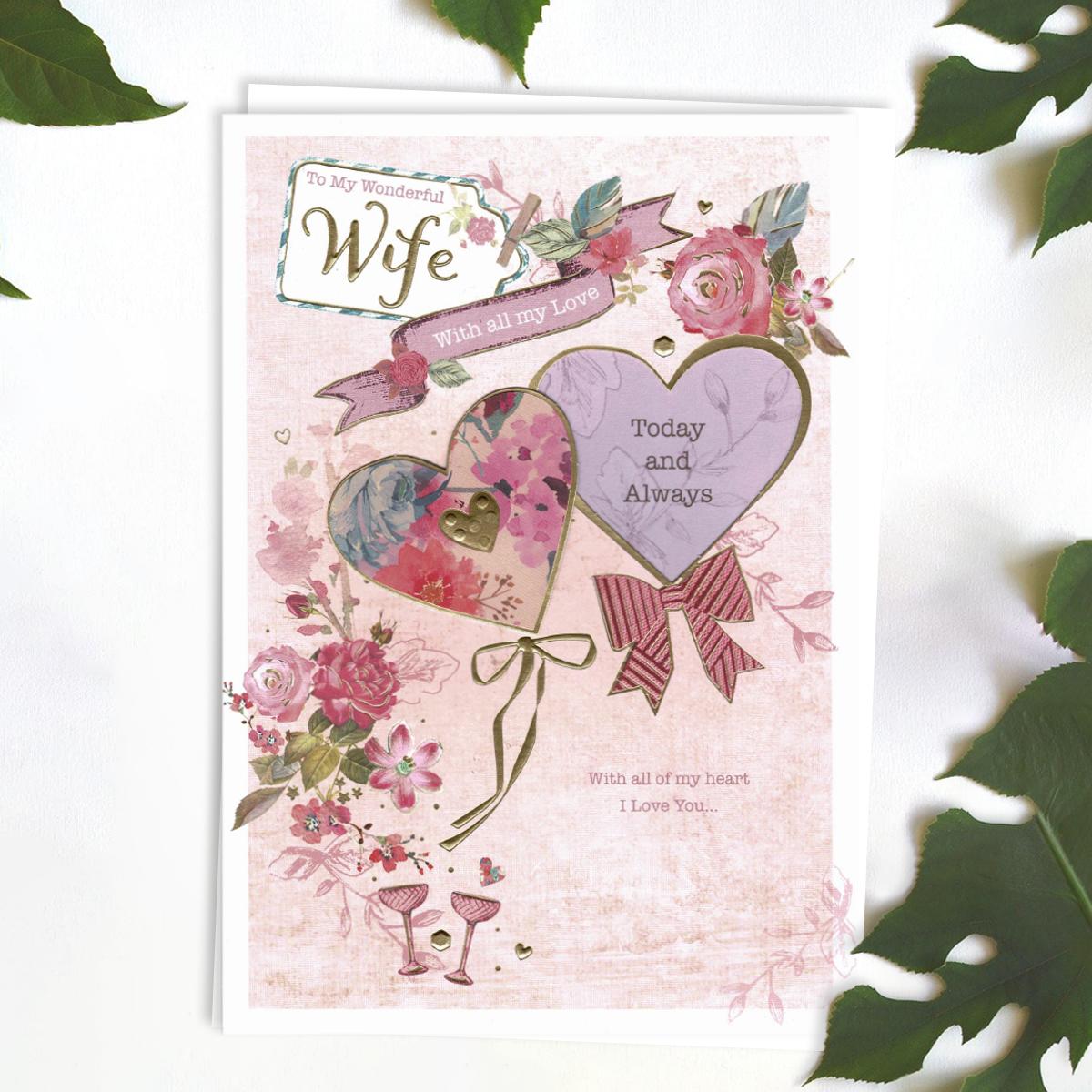 Handcrafted Wife Birthday Card With Decoupage And Cut Out Design Front Image
