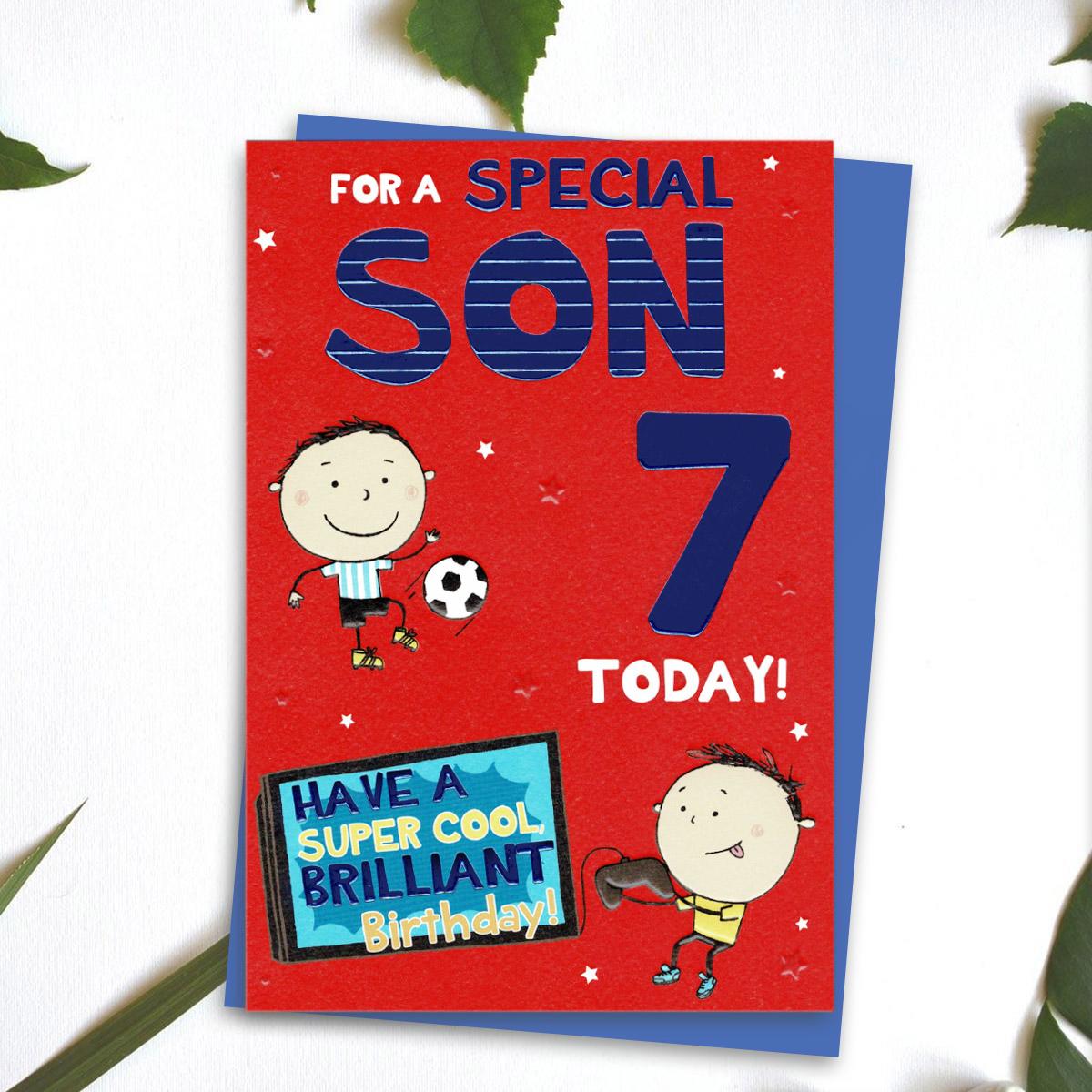 Age 7 Son Birthday Card Alongside Its Blue Envelope