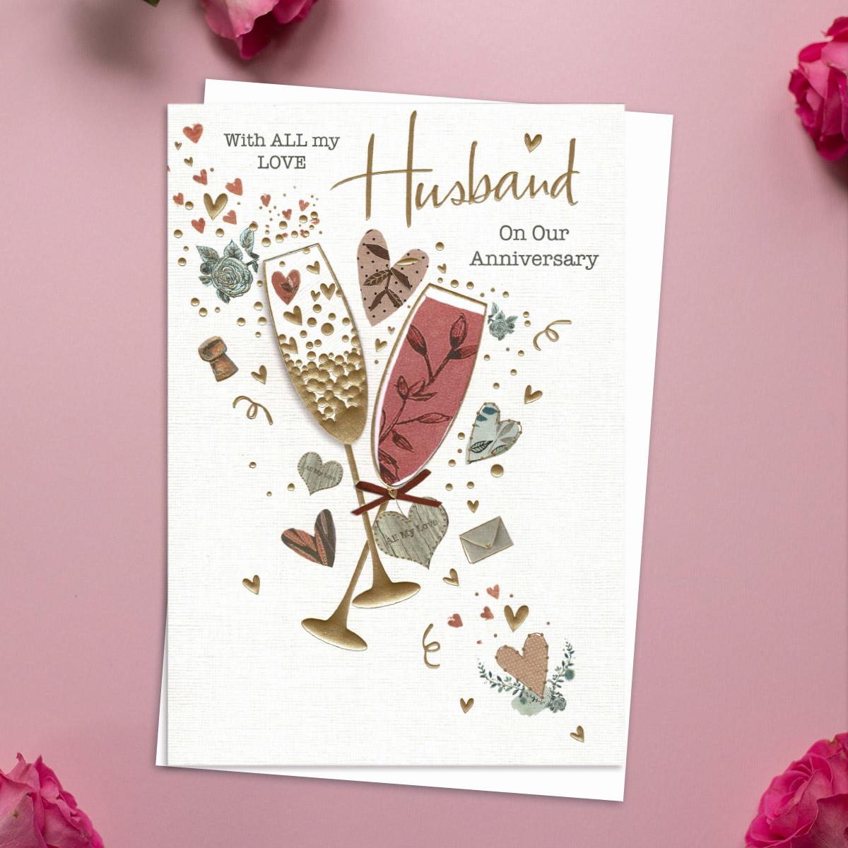 Husband Anniversary Handcrafted Decoupage Flutes Card Front Image
