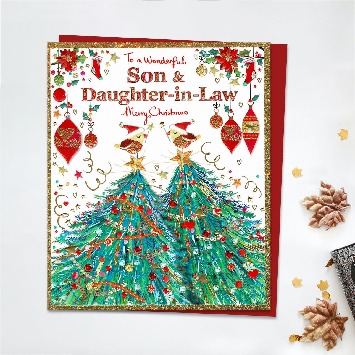 Son & Daughter-in-Law Christmas Trees & Robins Card Front Image