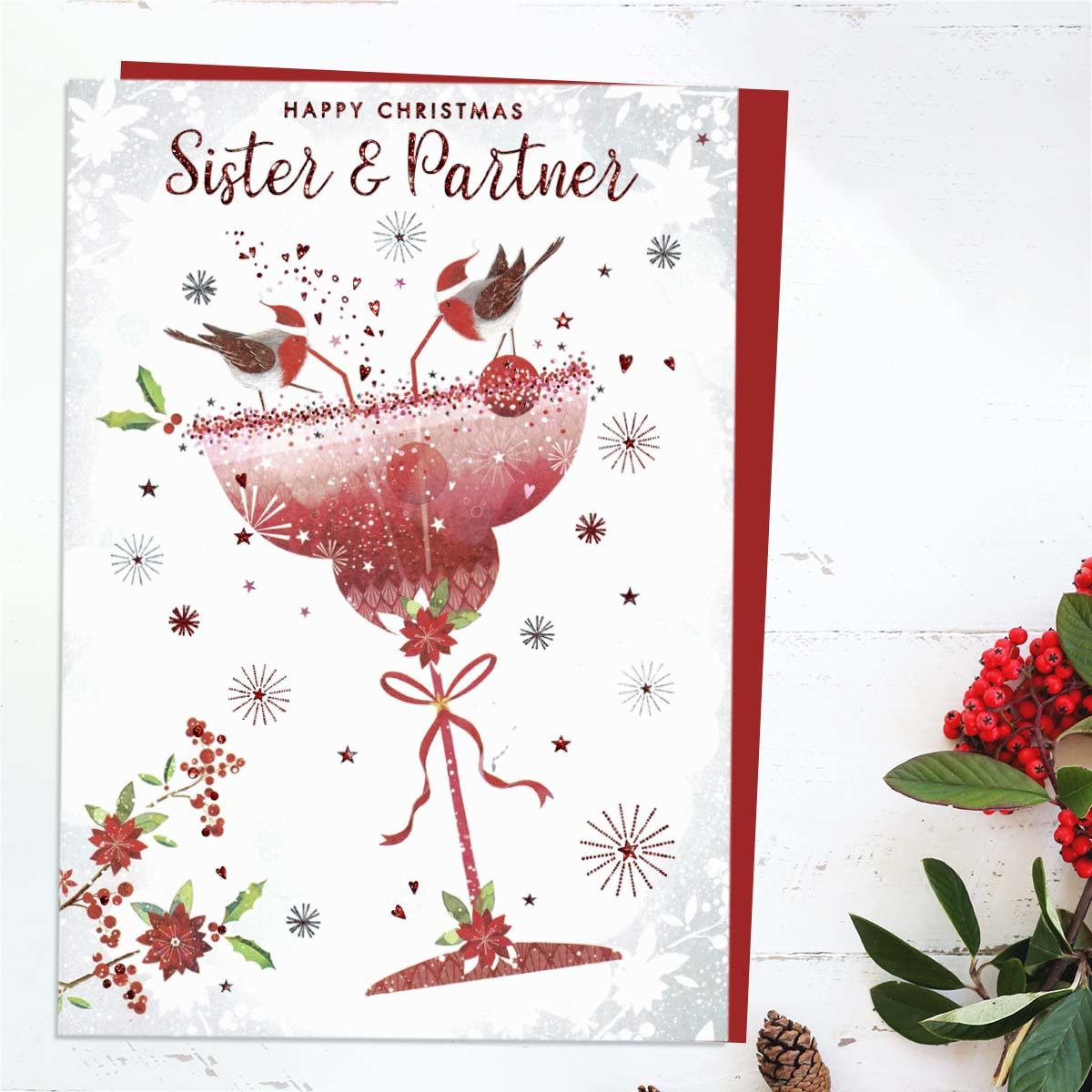 Sister And Partner Tipsy Robins Christmas Card Front Image
