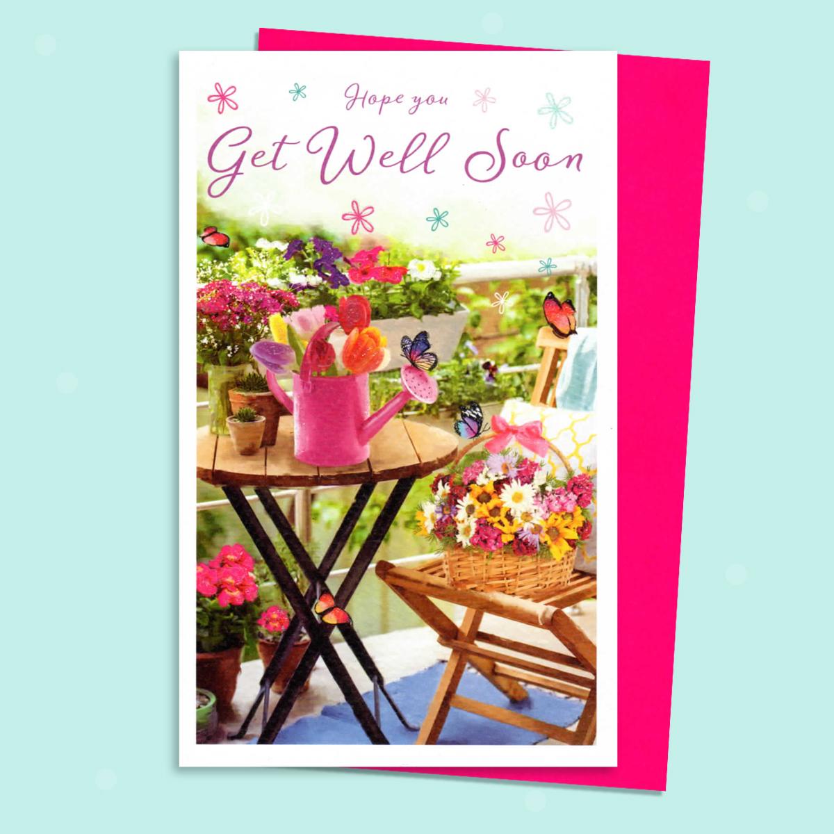 Floral Garden Get Well Soon Card Sitting On A Display Shelf