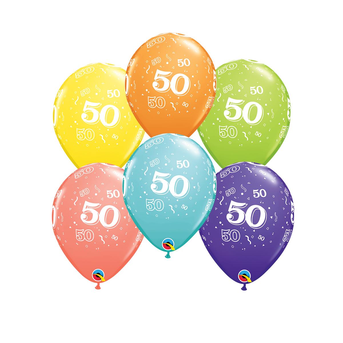 Image Of 6 Inflated Age 50 Multicoloured Latex Balloon
