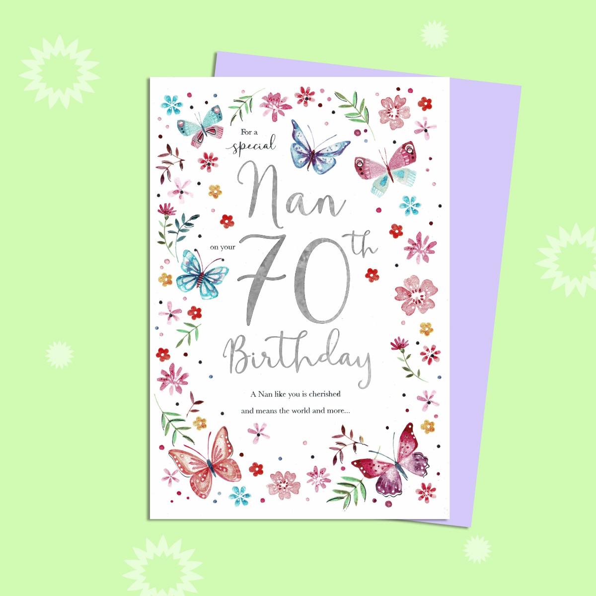 Nan On Your 70th Birthday Card Alongside Its Lilac Envelope