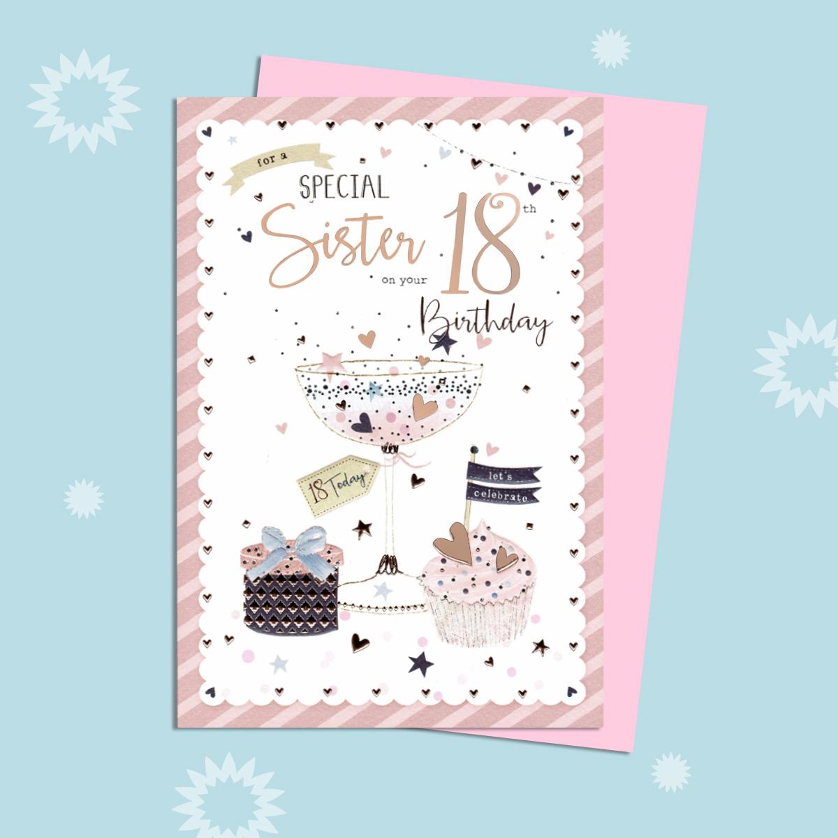 Special Sister 18th Birthday Card Alongside Its Light Pink Envelope