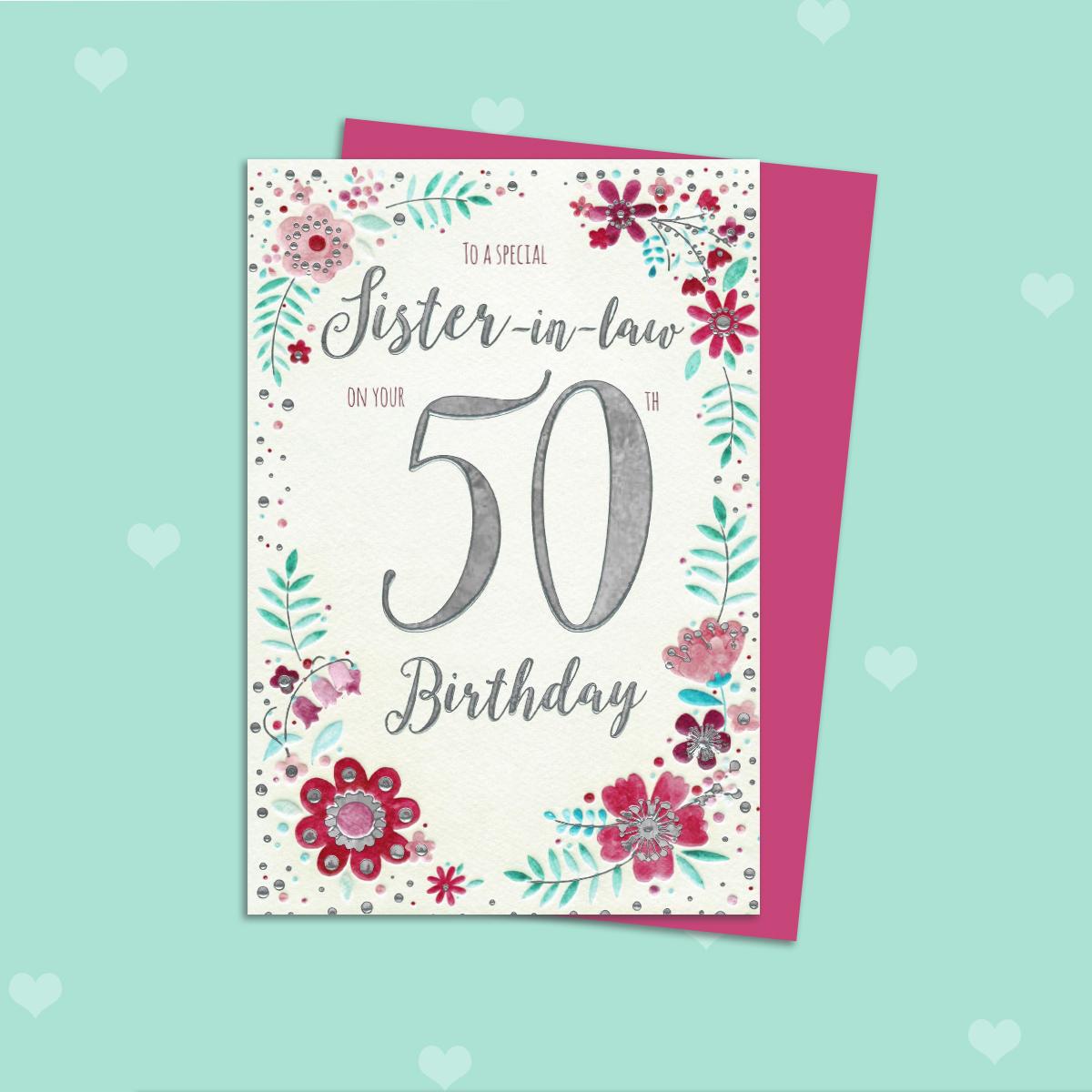 Sister In Law Age 50 Birthday Card Alongside Its Magenta Envelope