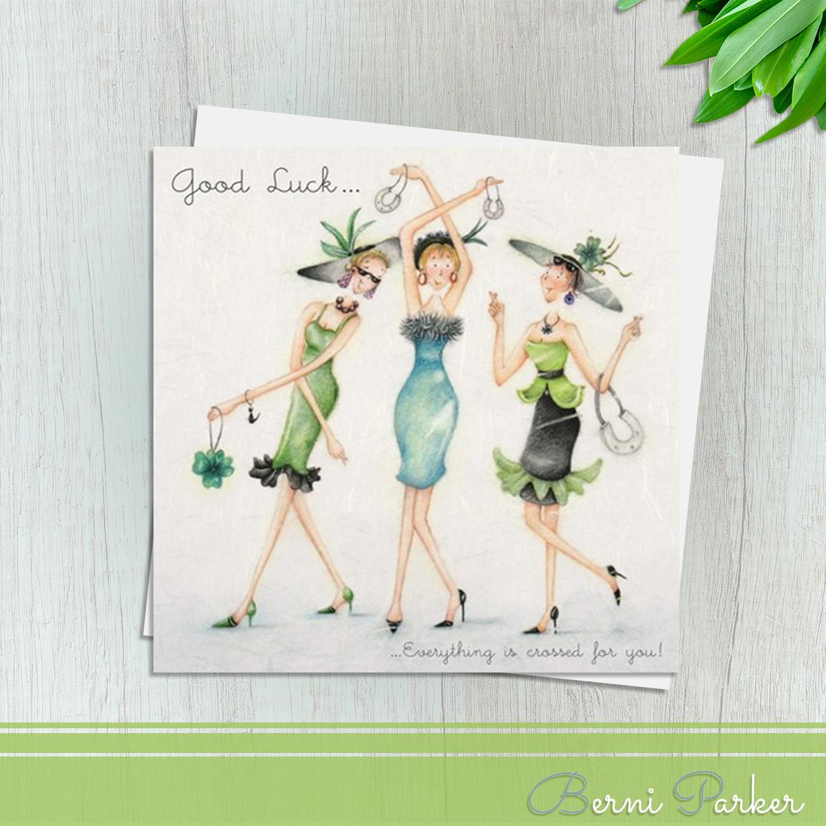 Three Ladies Dressed In Green With Horseshoes And Shamrocks. Caption: Good Luck...Everything Is Crossed For You. Blank Inside For Your Own Message. Complete With White Envelope