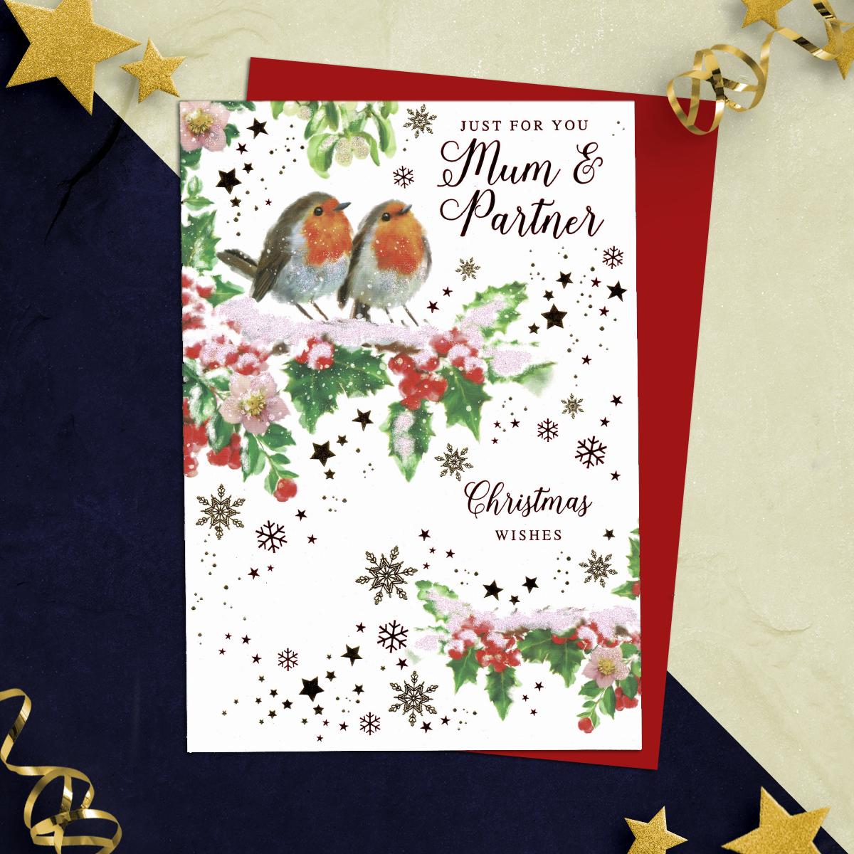 Mum And Partner Christmas Card Alongside Its Red Envelope