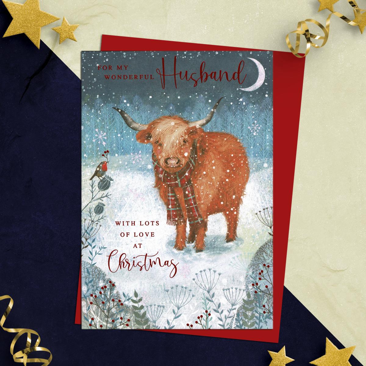 Husband Highland Cow Christmas Card Alongside Its Red Envelope