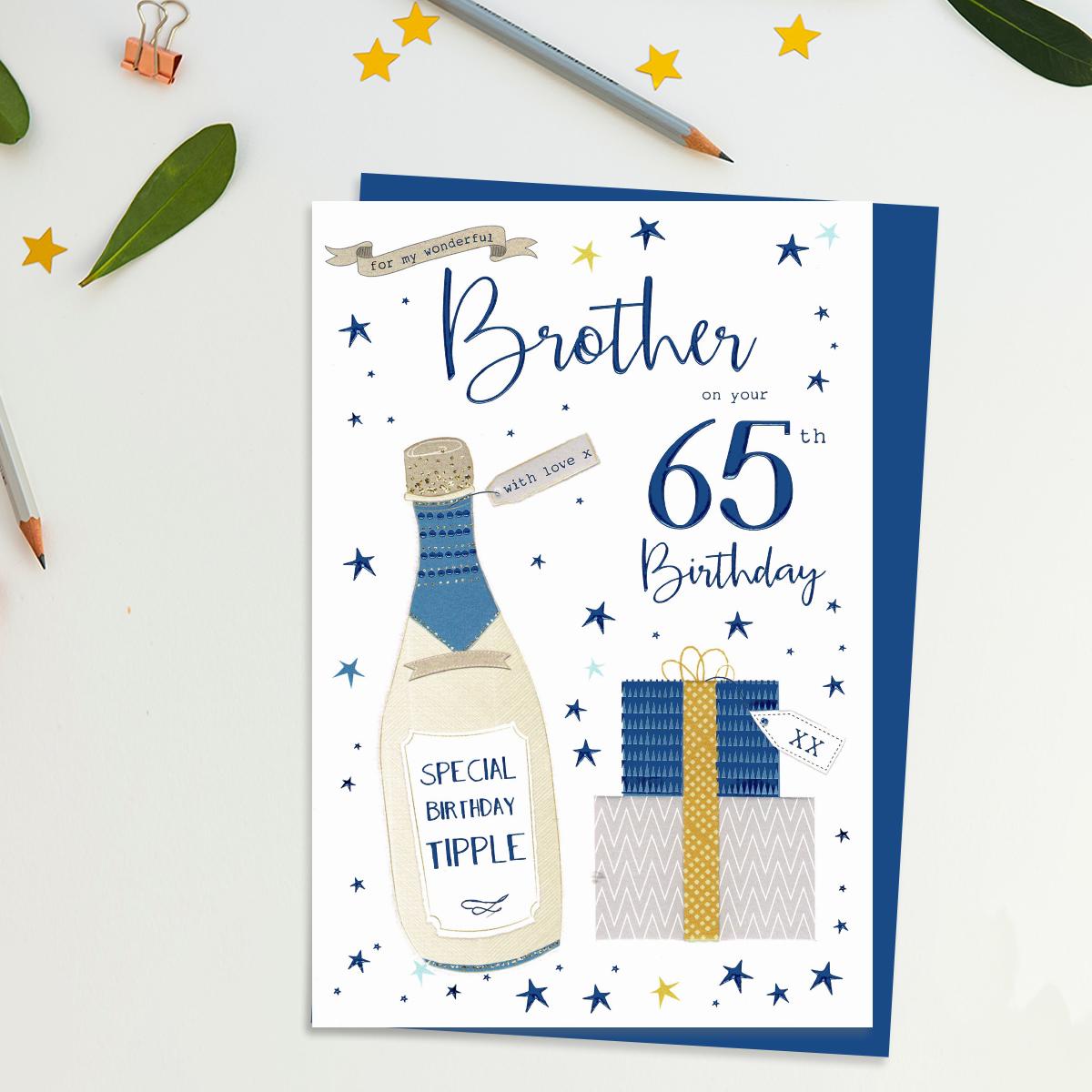 Brother Age 65 Birthday Card Alongside Its Blue Envelope