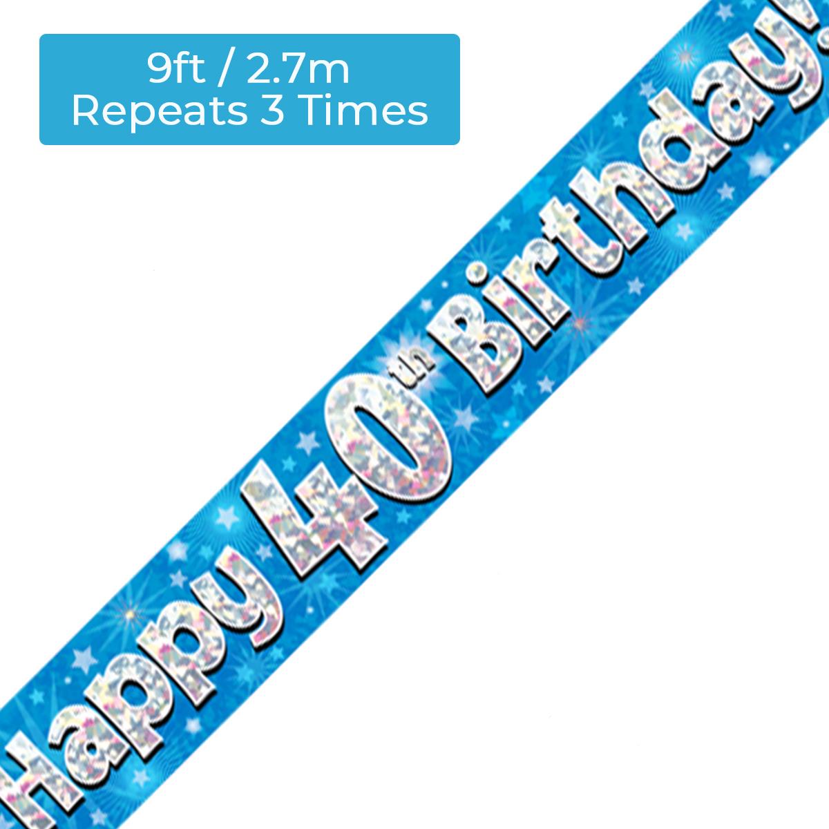 Age 40 Blue And Silver Holographic Party Banner Displayed