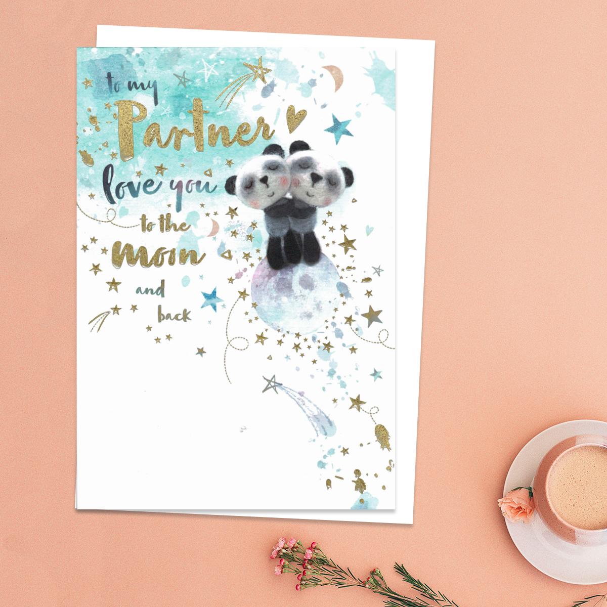 To My Partner Love You To The Moon And Back Birthday Card Featuring Two Cute Pandas Hugging. With Added Gold Foil Detail And White Envelope