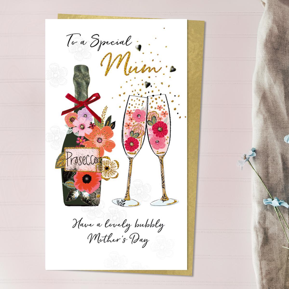 Prosecco Themed Mother's Day Design Alongside Its Gold Envelope