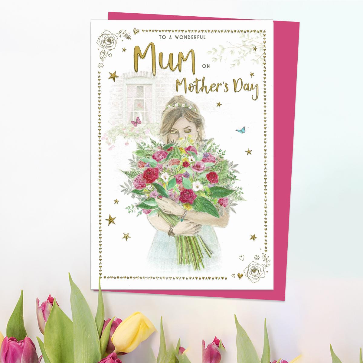 ' To A Wonderful Mum On Mother's Day' Card Featuring A Lady With Huge Bunch Of Flowers! With Beautiful Gold Foiling Detail And Cerise Envelope