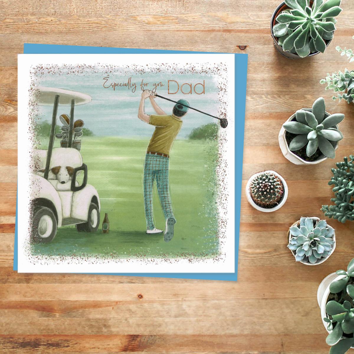 'Especially For You Dad' Father's Day Card Featuring A Golfer With Golf Cart And Dog! Complete With Copper Sparkle And Blue Envelope