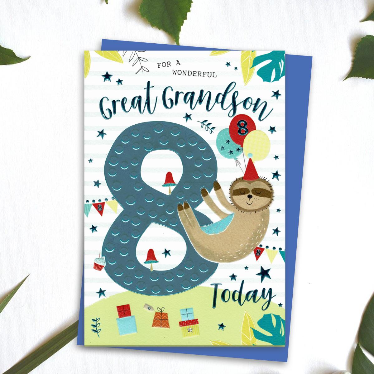 Great Grandson Age 8 Birthday Card Alongside Its Blue Envelope