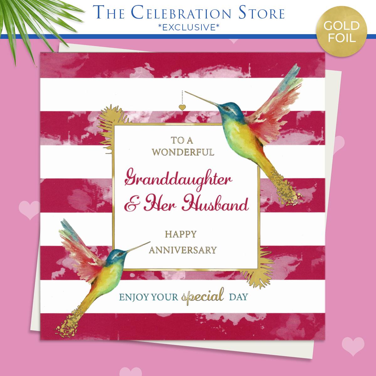 Granddaughter And Husband Hummingbird Anniversary Card Alongside Its Envelope