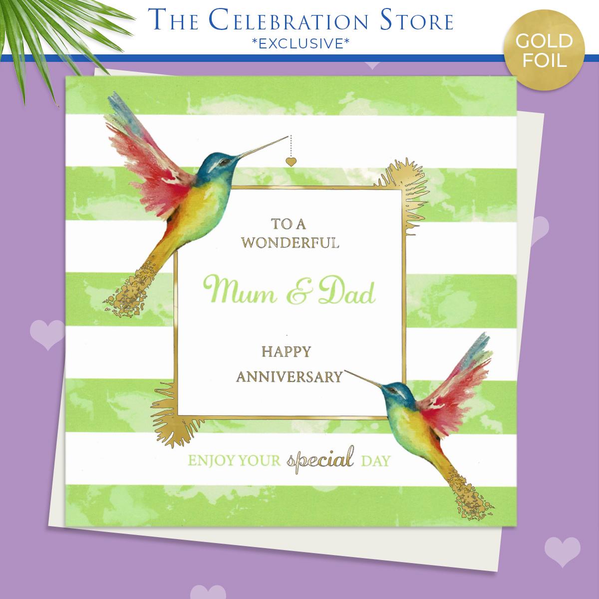 Mum And Dad Hummingbird Anniversary Card Alongside Its White Envelope