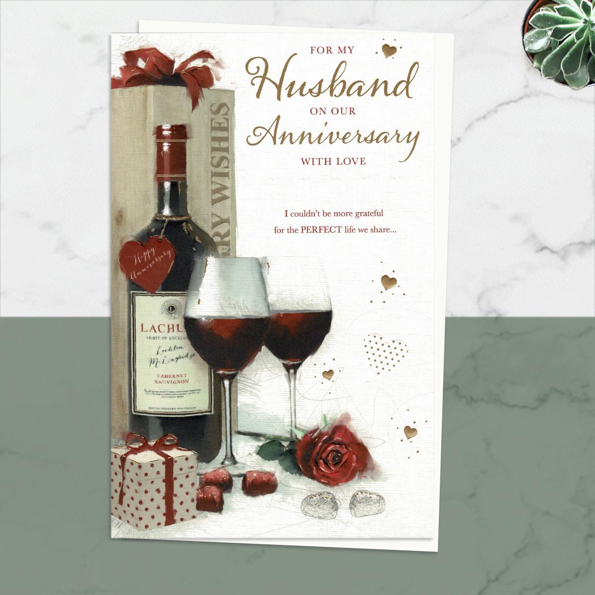 Husband Anniversary Red Wine & Red Rose Card Front Image