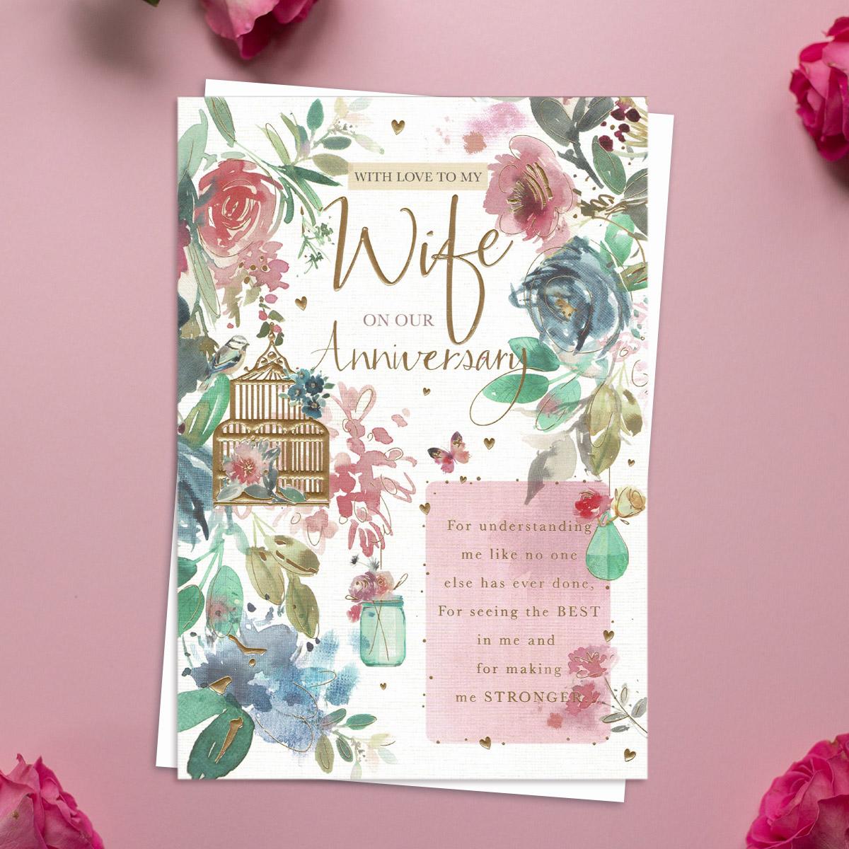 Wife Anniversary Gilded Birdcage With Flowers Card Front Image