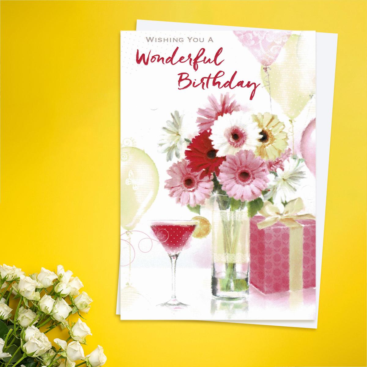 Wonderful Birthday Cocktails & Gerberas Card Front Image