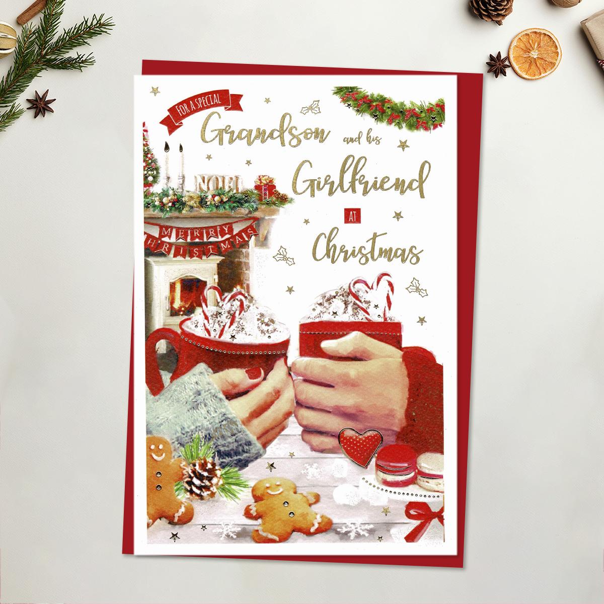 Grandson & Girlfriend Christmas Hot Chocolate Card Front Image