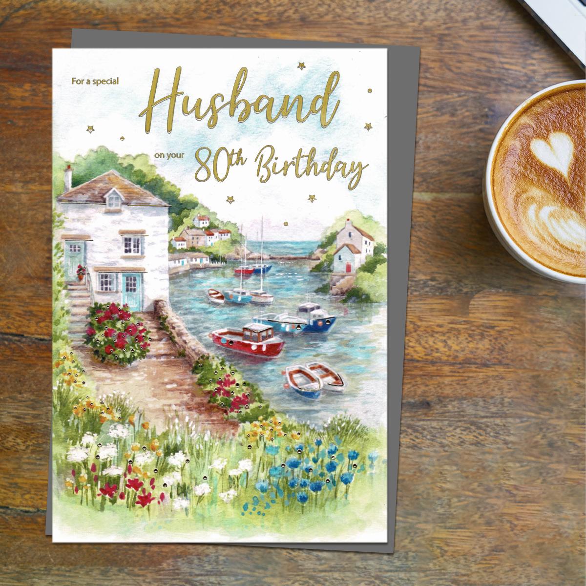 Husband Age 80 Harbour Birthday Card Front Image