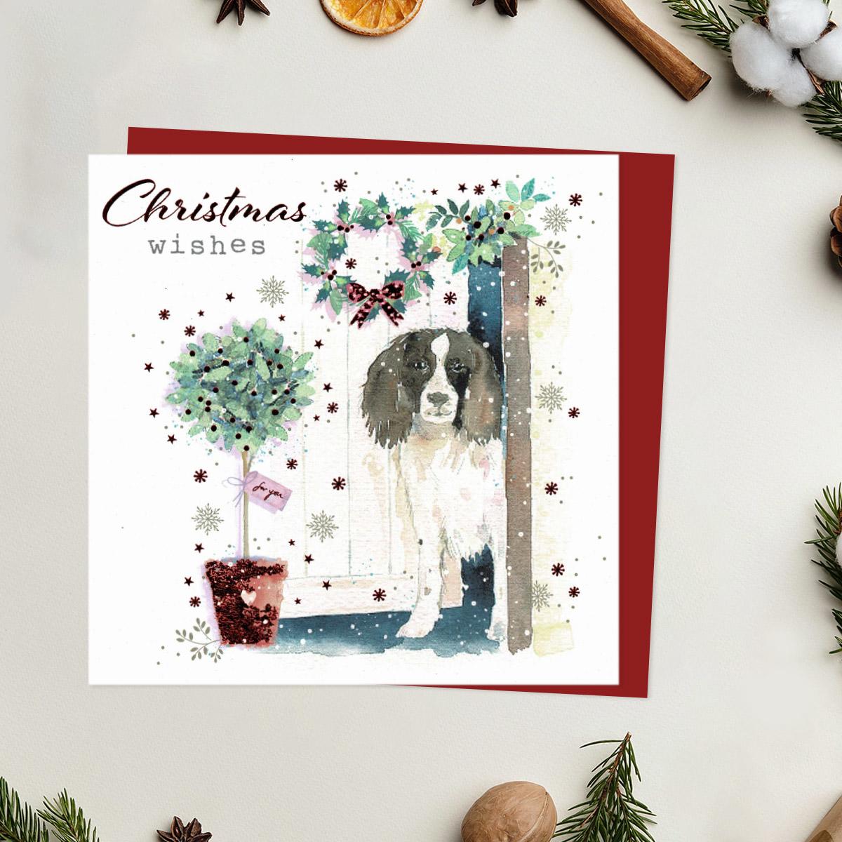 Christmas Wishes Dog Peeking Out Card Front Image