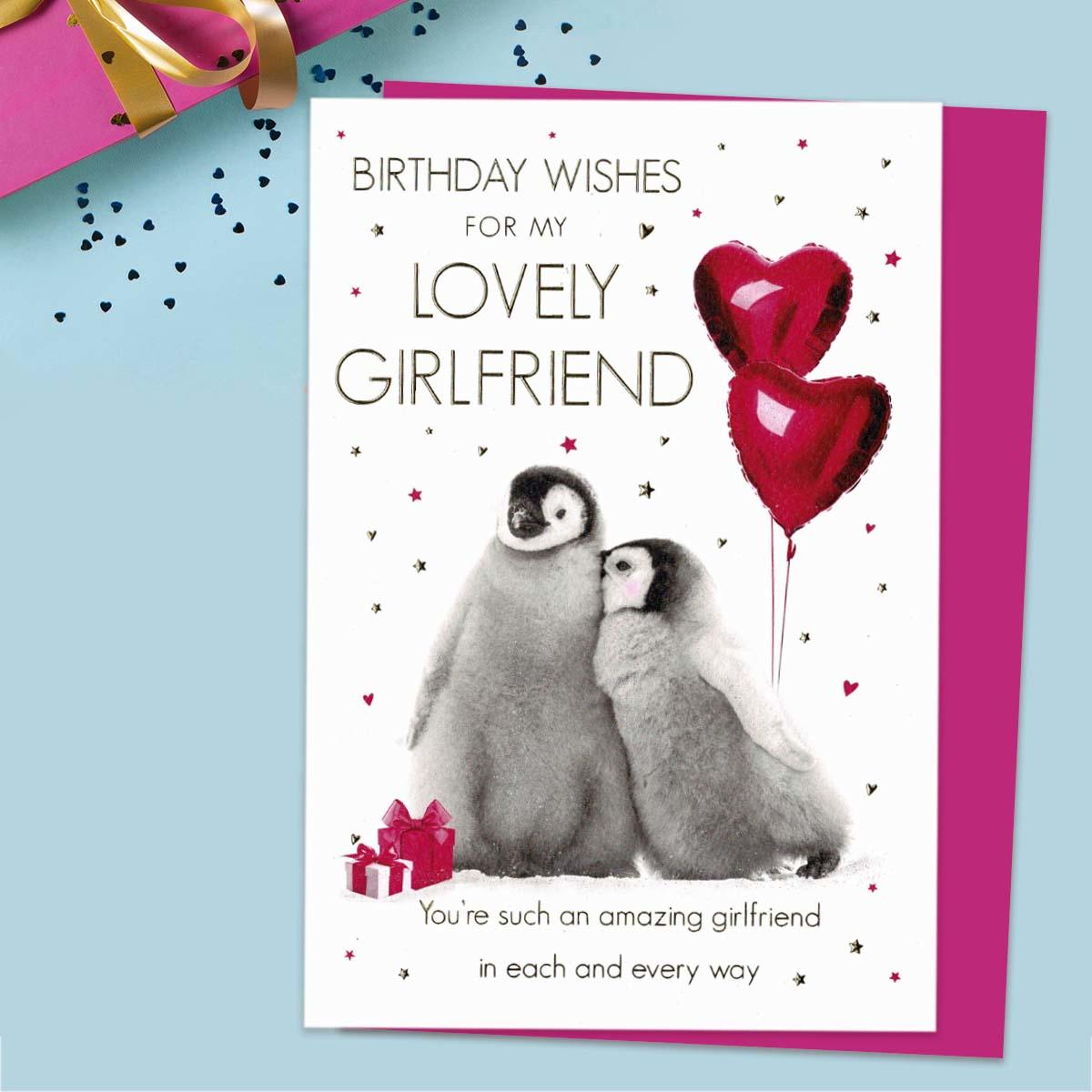 Lovely Girlfriend Snuggling Penguins Card Front Image