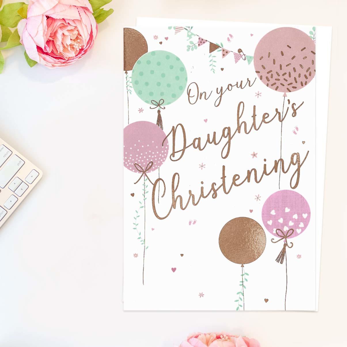 On Your Daughter's Christening Balloons Card Front Image
