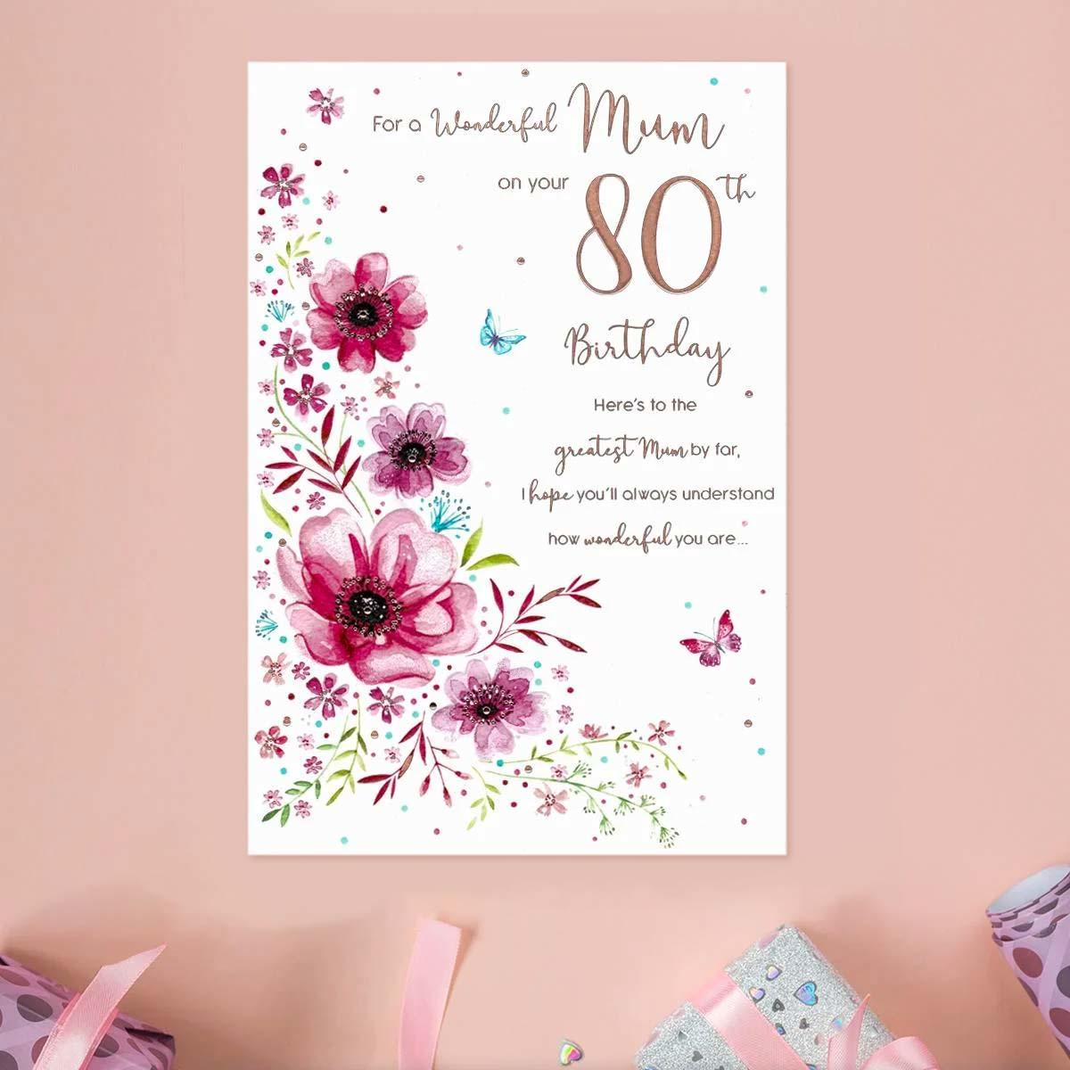 Mum Age 80 Birthday Card Alongside Its Lilac Envelope