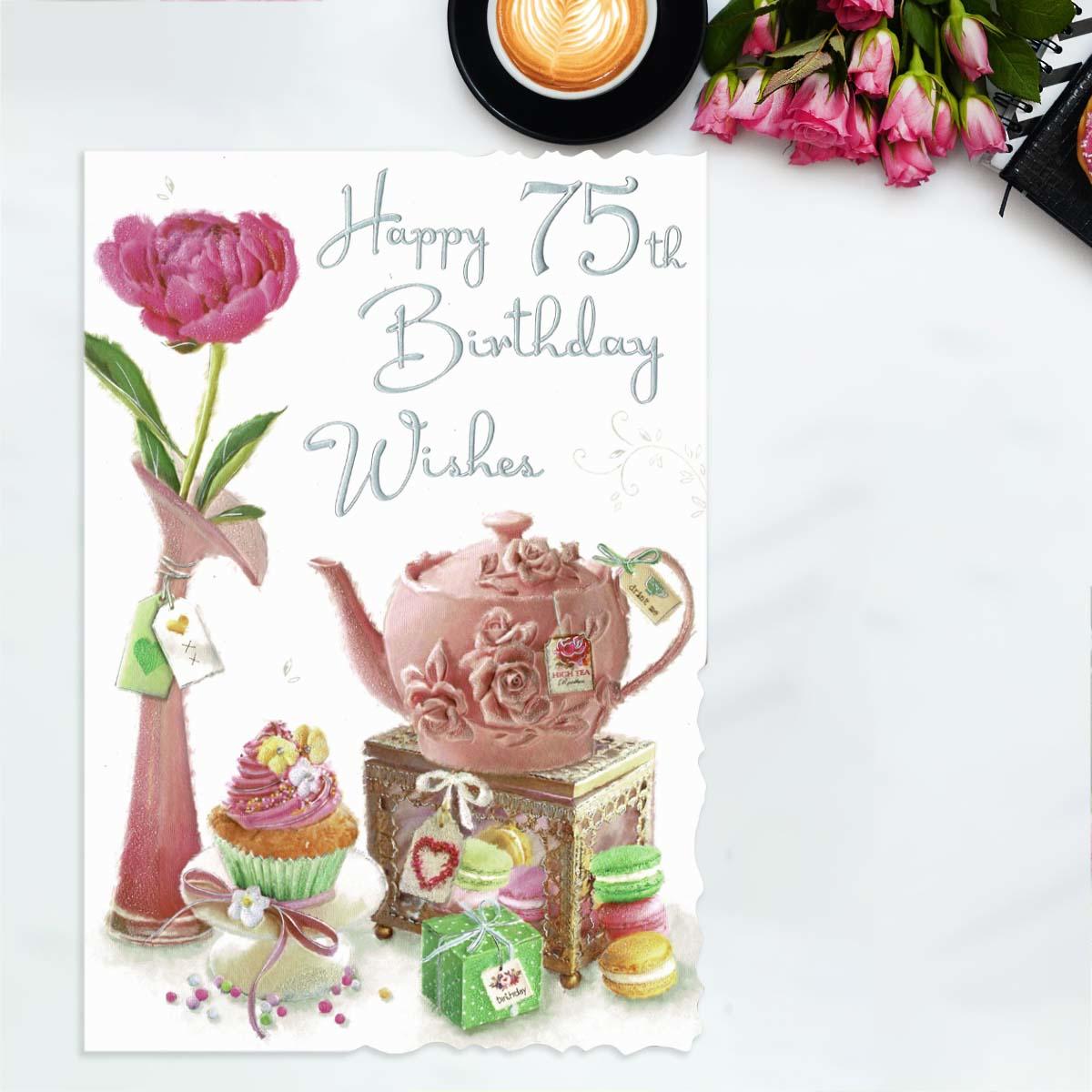 Happy 75th Birthday Wishes Pink Teapot Card Front Image