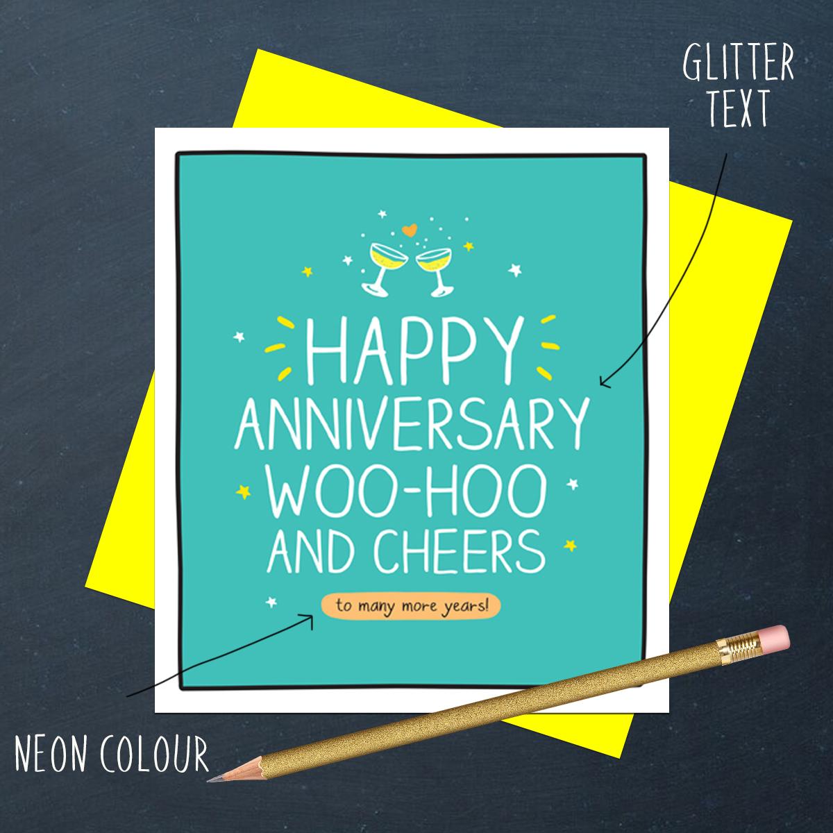 Quirky Anniversary Card Alongside Its Yellow Envelope